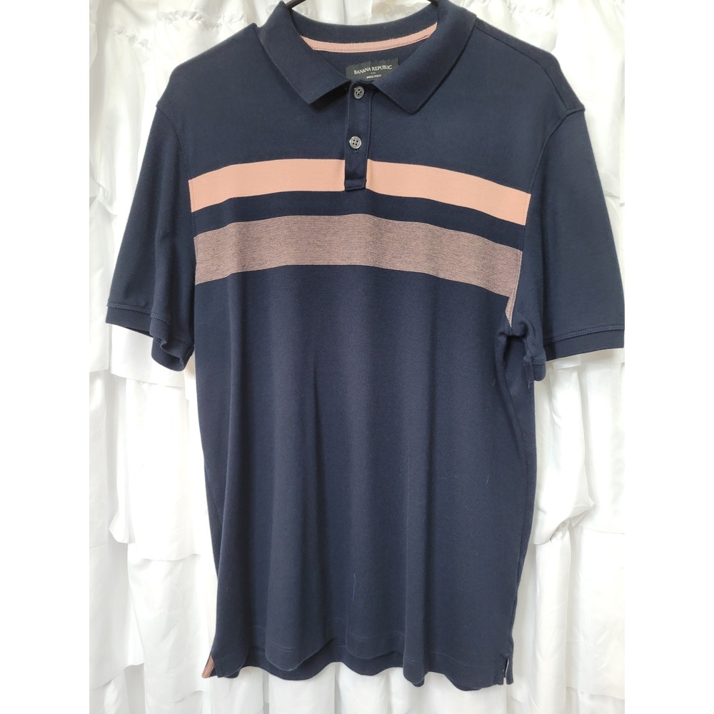 Banana Republic Mens Dress Polo Large Navy Blue Pink Striped Short Sleeve 215
